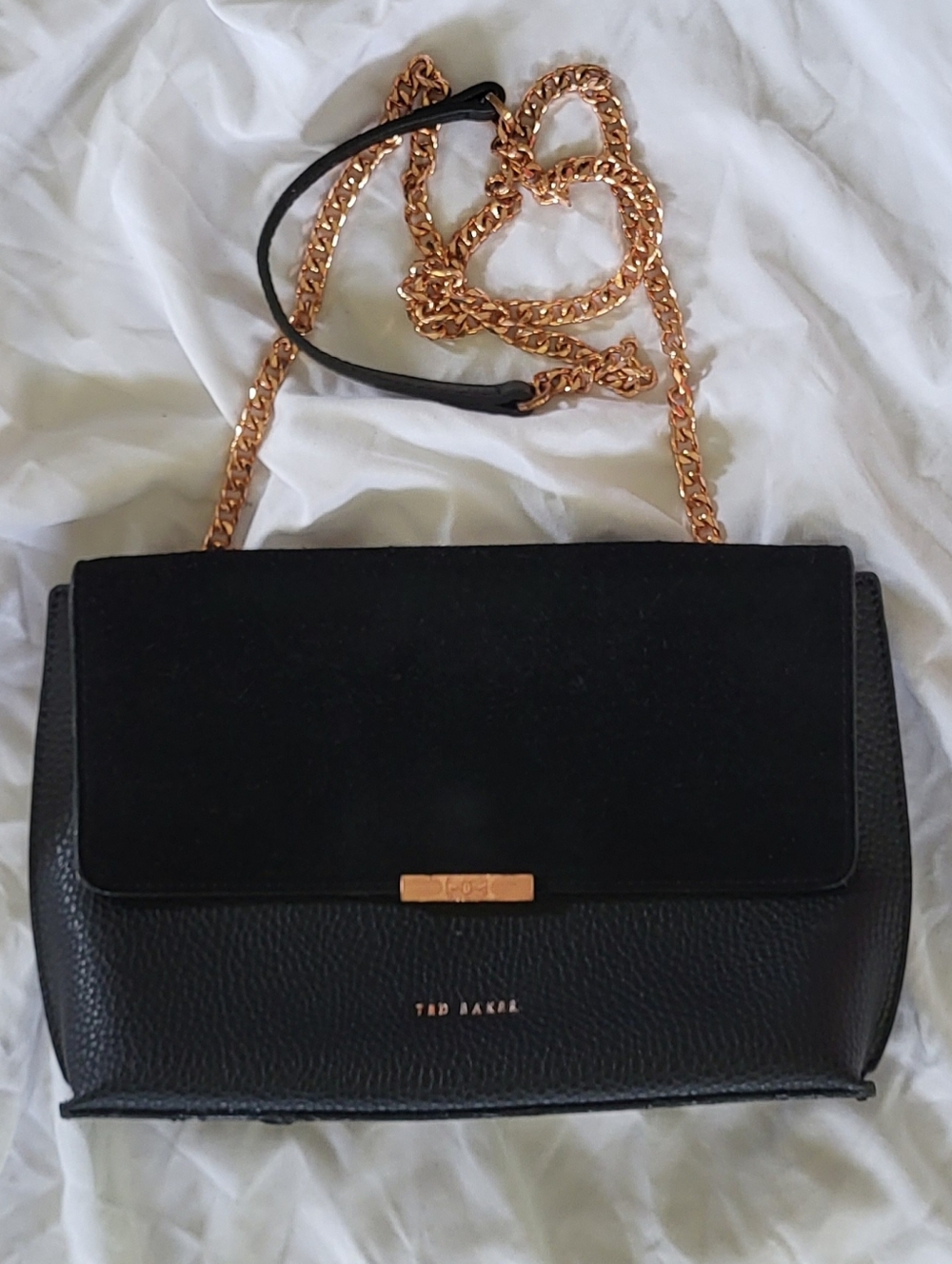 Ted Baker Black Leather And Suede Crossbody Bag with Rose Gold Chain Strap